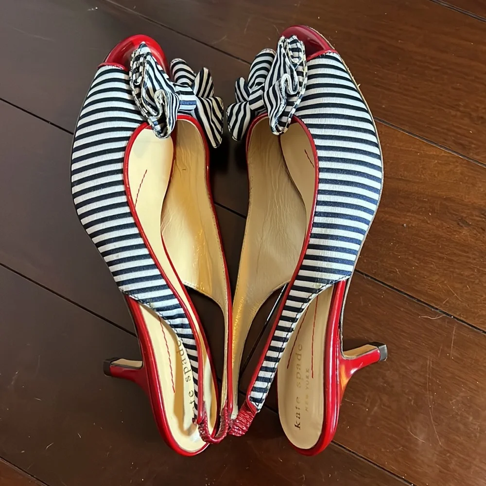 Striped (black/white with red accents) Kate Spade slingback kitten heels